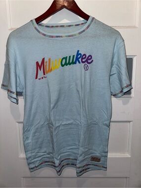 Light Blue Brewer’s Short Sleeve Tee with Rainbow 'Milwaukee' Script